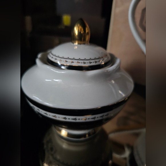 NIB Angioletti Designs Black Gold Scallop Porcelain 3-Pc Tea Set Teapot Sugar - Picture 11 of 14